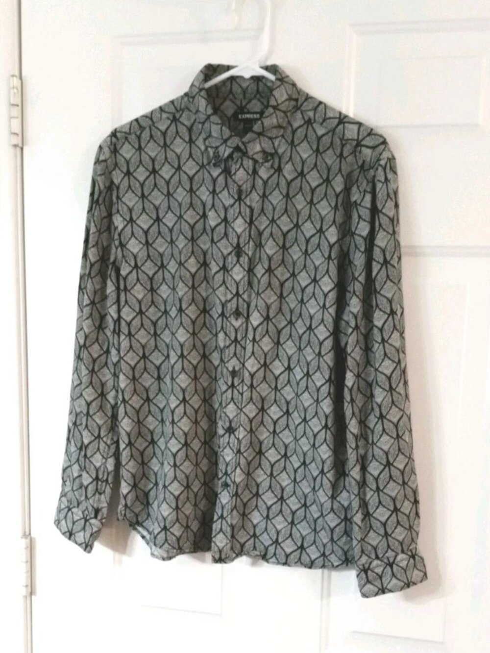 Express Mens Medium Button Up Shirt Black & White Geometric Pattern Long Sleeve